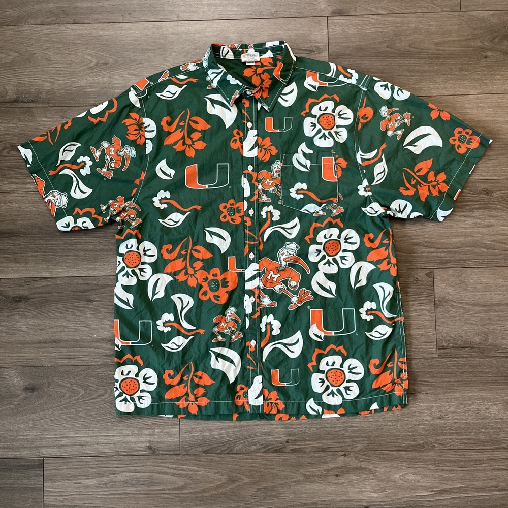 Wes & Willy Mens 2XL Miami Hurricanes Button Up Shirt Green Orange Short Sleeve